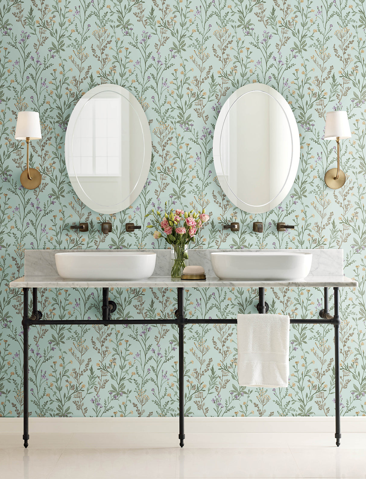 Laverne Aquamarine Wildflowers Farmhouse Botanical Watercolor Floral Non Woven Strippable Washable Wallpaper Roll by Chesapeake - 4191-83018