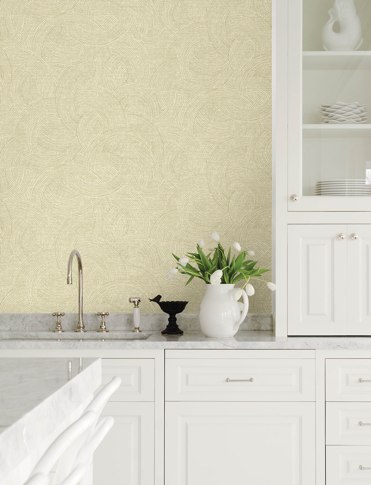 Harrison Champagne by Chesapeake Modern Swirling Geometric Non Woven Unpasted Wallpaper, 20.9 in x 33 ft, Covers 57.5 sq ft - 4191-83021