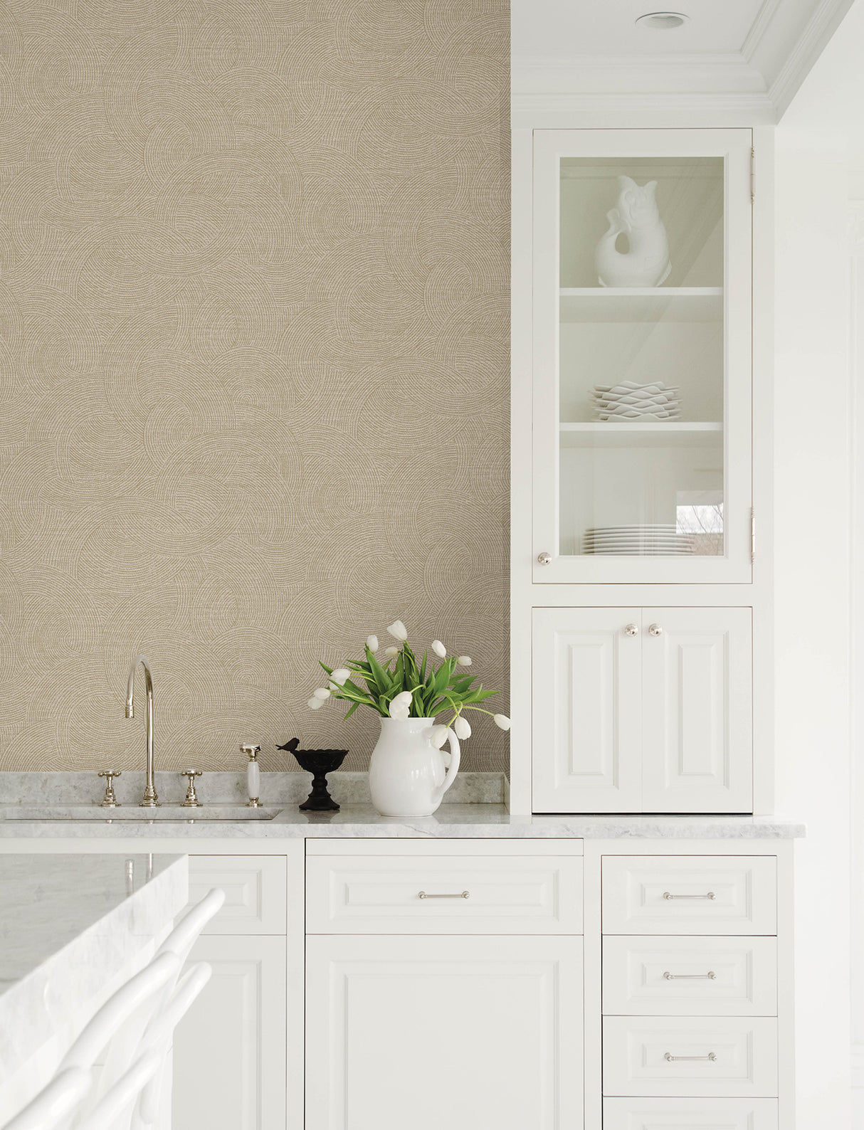 Harrison Taupe Swirling Geometric Wallpaper, Unpasted Non Woven, Metallic Ink Accents, Kitchen & Bath Collection by Chesapeake - 4191-83023