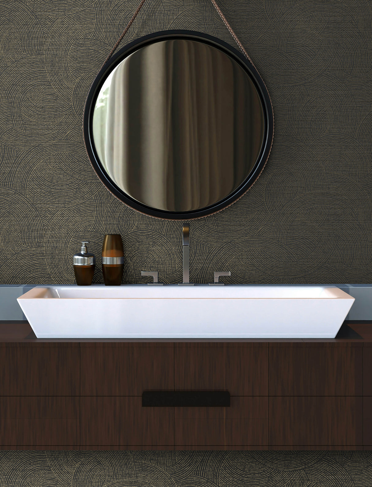 Harrison Charcoal Swirling Geometric Non Woven Unpasted Strippable Wallpaper by Chesapeake Kitchen and Bath 4191-83024