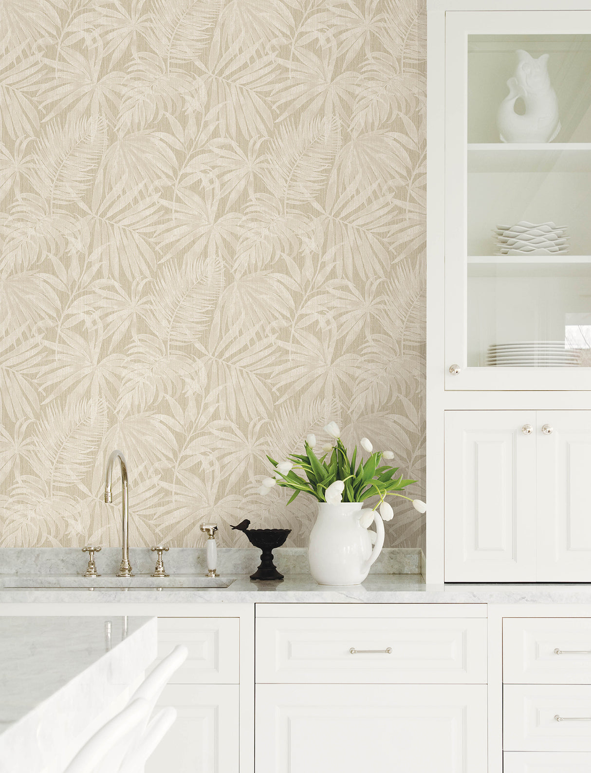 Sonny Beige Fronds by Chesapeake Kitchen and Bath Tropical Palm Leaf Botanical Non Woven Unpasted Washable Strippable Wallpaper - 4191-83025