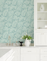 Sonny Light Blue by Chesapeake Kitchen and Bath Tropical Botanical Palm Fronds on a Faux Grasscloth Non Woven Unpasted Wallpaper - 4191-83026