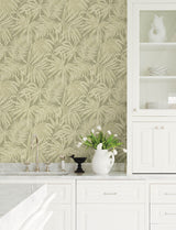 Sonny Green Fronds Green by Chesapeake Kitchen and Bath Tropical Botanical Palm Leaf Faux Grasscloth Non Woven Wallpaper - 4191-83027