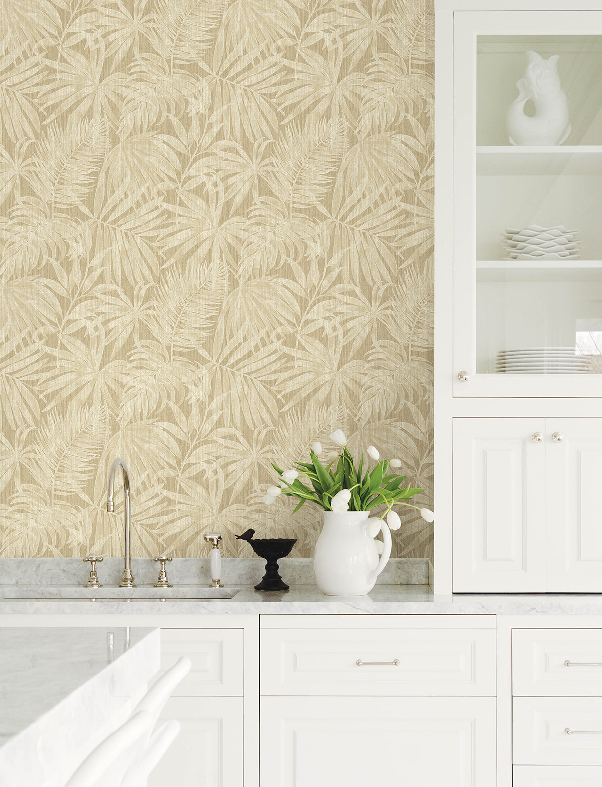 Sonny Light Brown Tropical Palm Fronds Botanical Faux Grasscloth Non Woven Unpasted Strippable Wallpaper by Chesapeake - 4191-83028