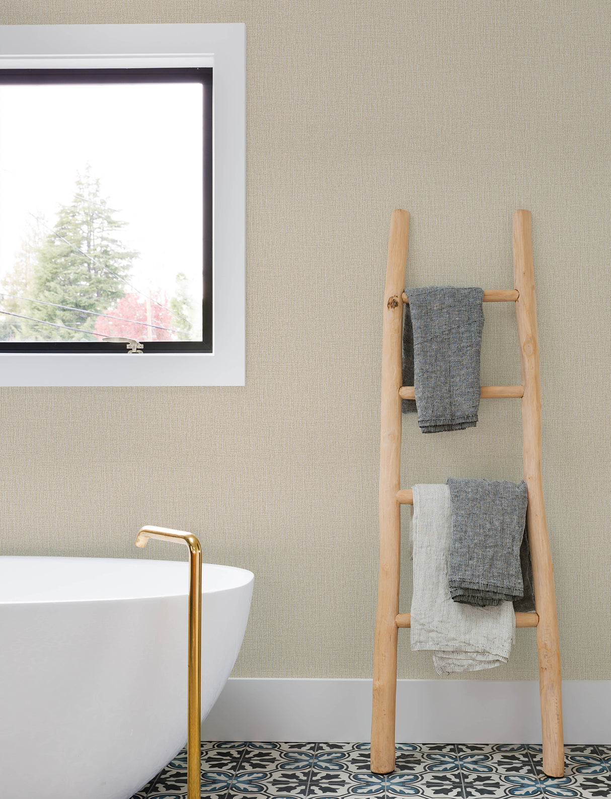Sonia Beige Faux Linen Wallpaper by Chesapeake Kitchen and Bath Collection Transitional Solid Scrubbable Strippable Vinyl Non Woven - 4191-83035