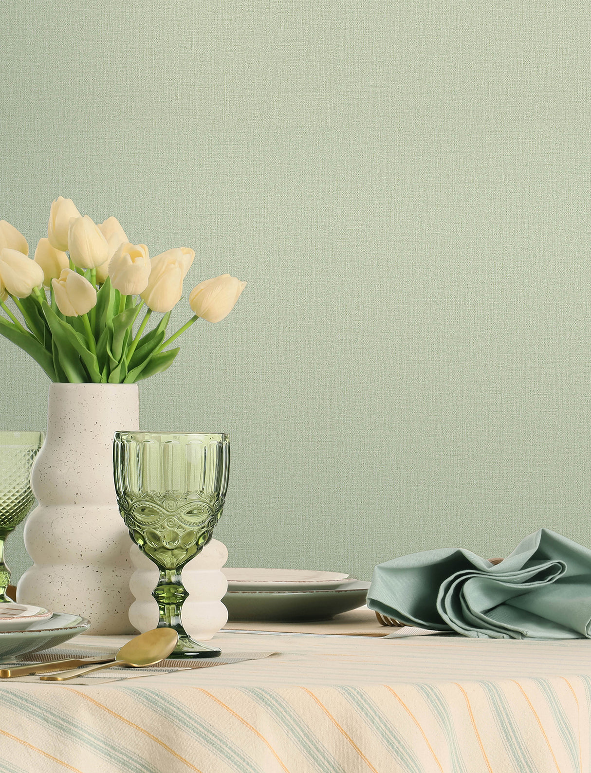Sonia Light Green Faux Linen Transitional Solid Vinyl Non Woven Scrubbable Strippable Wallpaper by Chesapeake - 4191-83036