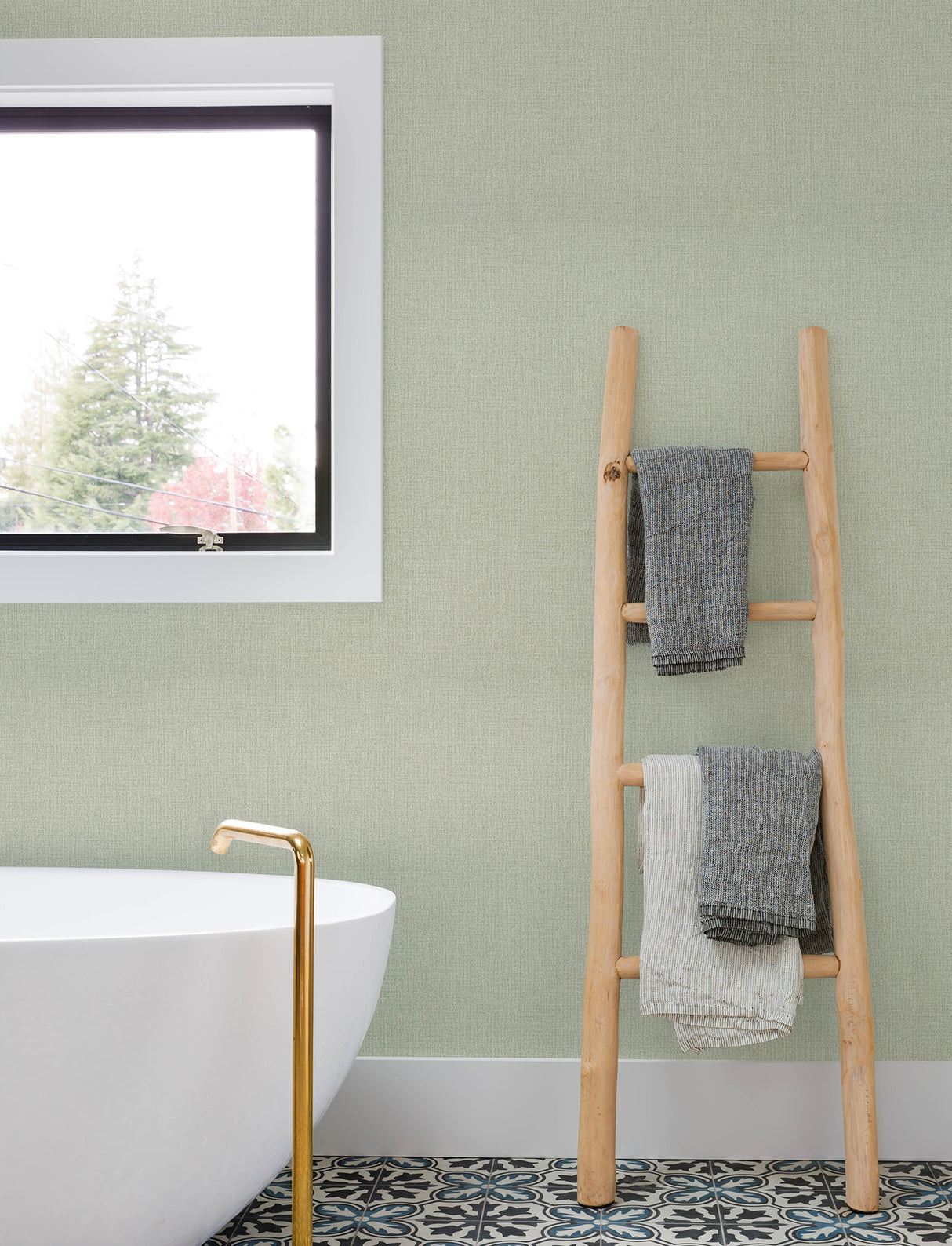 Sonia Light Green Faux Linen Transitional Solid Vinyl Non Woven Scrubbable Strippable Wallpaper by Chesapeake - 4191-83036