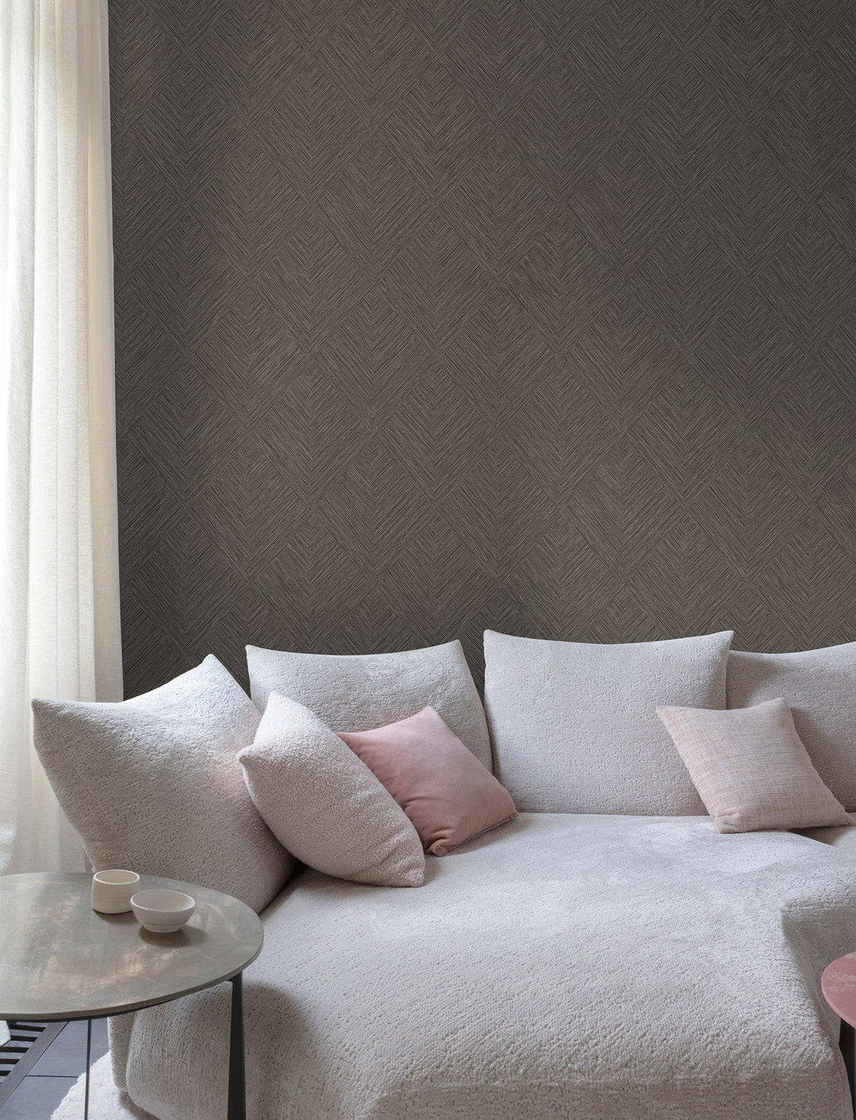 Hollis Charcoal by Chesapeake Textured Diamond Geometric Kitchen and Bath Scrubbable Strippable Unpasted Non Woven Wallpaper - 4191-83046
