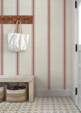 Linette Red by Chesapeake Fabric Stripe Textured Non Woven Unpasted Washable Strippable Country Wallpaper Plaid & Stripe Collection 4192-12464