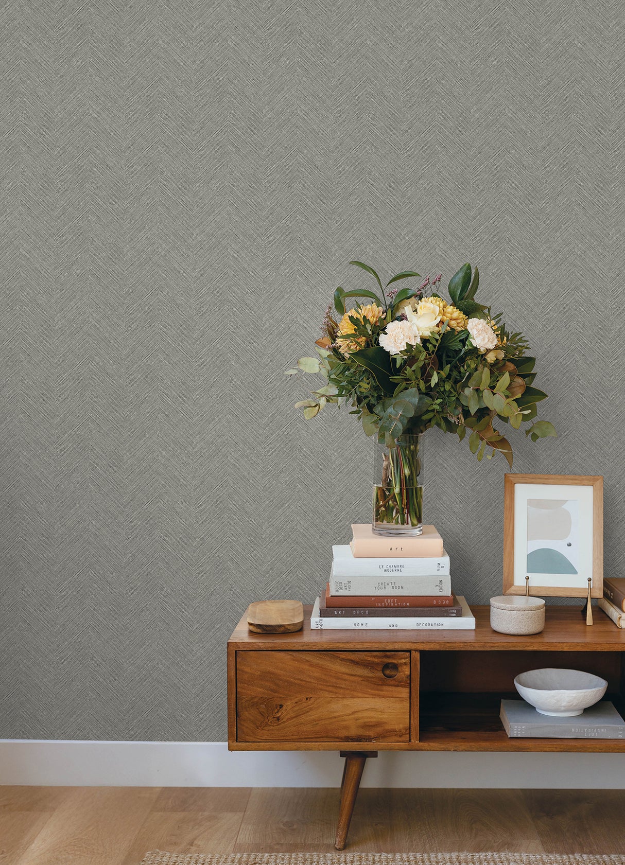 Caladesi Dark Grey by Chesapeake Linen Textured Chevron Non-Woven Washable Wallpaper from the Plaid and Stripe Collection - 4192-13674