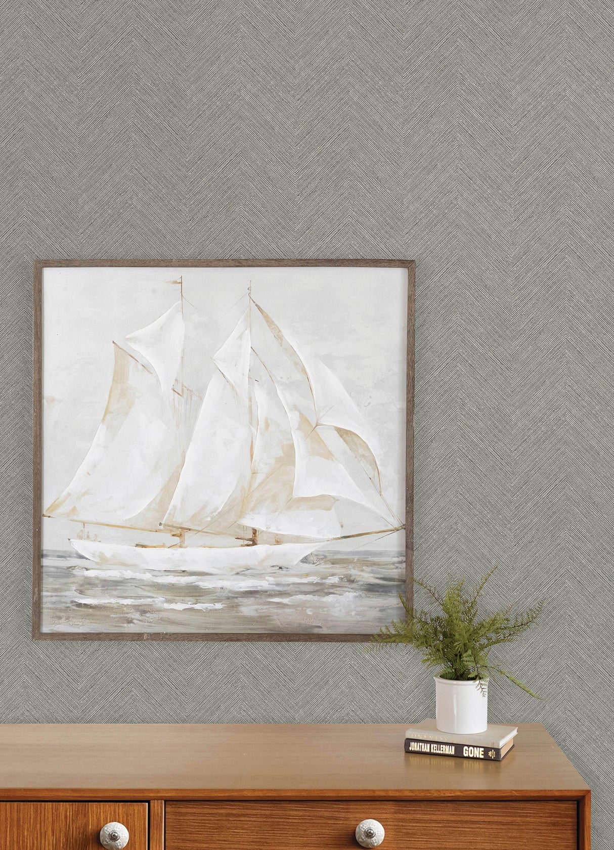 Caladesi Dark Grey by Chesapeake Linen Textured Chevron Non-Woven Washable Wallpaper from the Plaid and Stripe Collection - 4192-13674