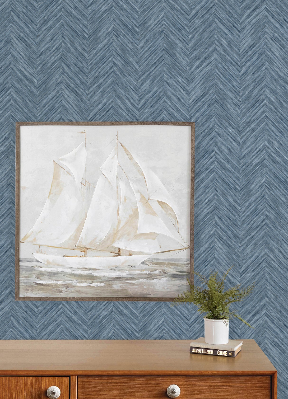 Caladesi Blue Linen Chevron Textured Unpasted Non Woven Hybrid Washable Modern Wallpaper by Chesapeake Plaid & Stripe Collection - 4192-13678
