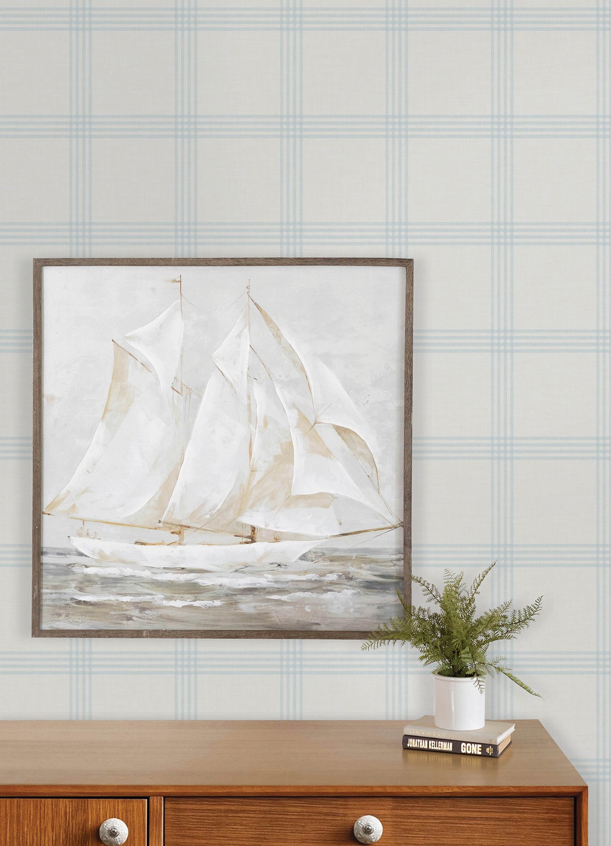 Twain Light Blue Plaid Wallpaper by Chesapeake, Farmhouse Plaid and Stripe Non Woven Unpasted Wallpaper, Washable and Strippable - 4192-24475