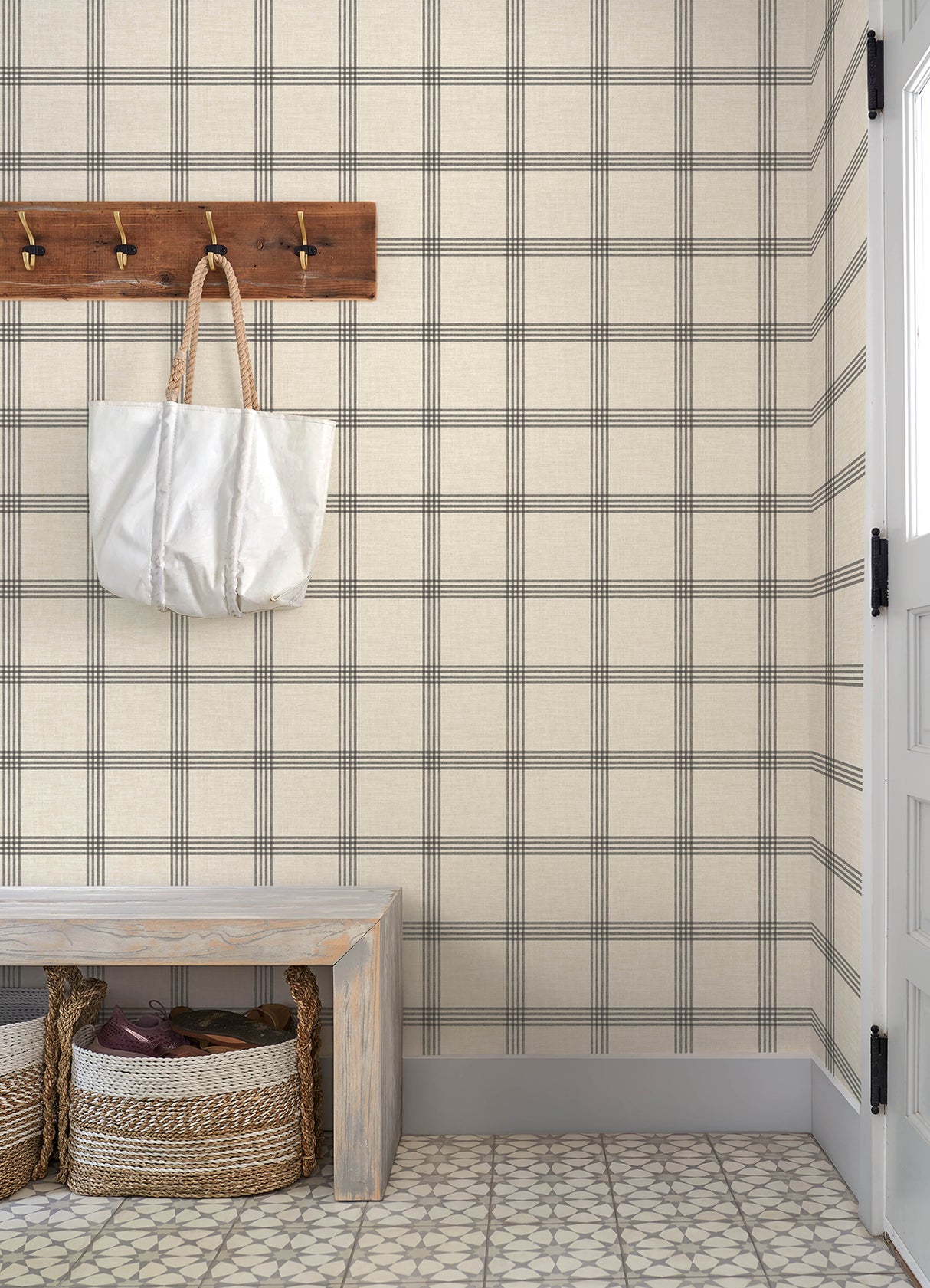 Twain Black Plaid by Chesapeake Farmhouse Linen Look Non Woven Unpasted Washable Strippable Wallpaper Roll 20.5 in x 33 ft - 4192-24479