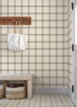 Twain Black Plaid by Chesapeake Farmhouse Linen Look Non Woven Unpasted Washable Strippable Wallpaper Roll 20.5 in x 33 ft - 4192-24479