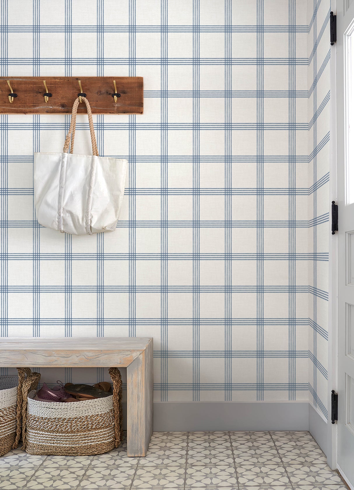 Twain Denim Plaid by Chesapeake Farmhouse Blue Pinstripe Linen-Look Non Woven Unpasted Strippable Washable Wallpaper Roll - 4192-26993