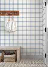 Twain Denim Plaid by Chesapeake Farmhouse Blue Pinstripe Linen-Look Non Woven Unpasted Strippable Washable Wallpaper Roll - 4192-26993