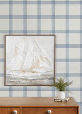 Twain Denim Plaid by Chesapeake Farmhouse Blue Pinstripe Linen-Look Non Woven Unpasted Strippable Washable Wallpaper Roll - 4192-26993