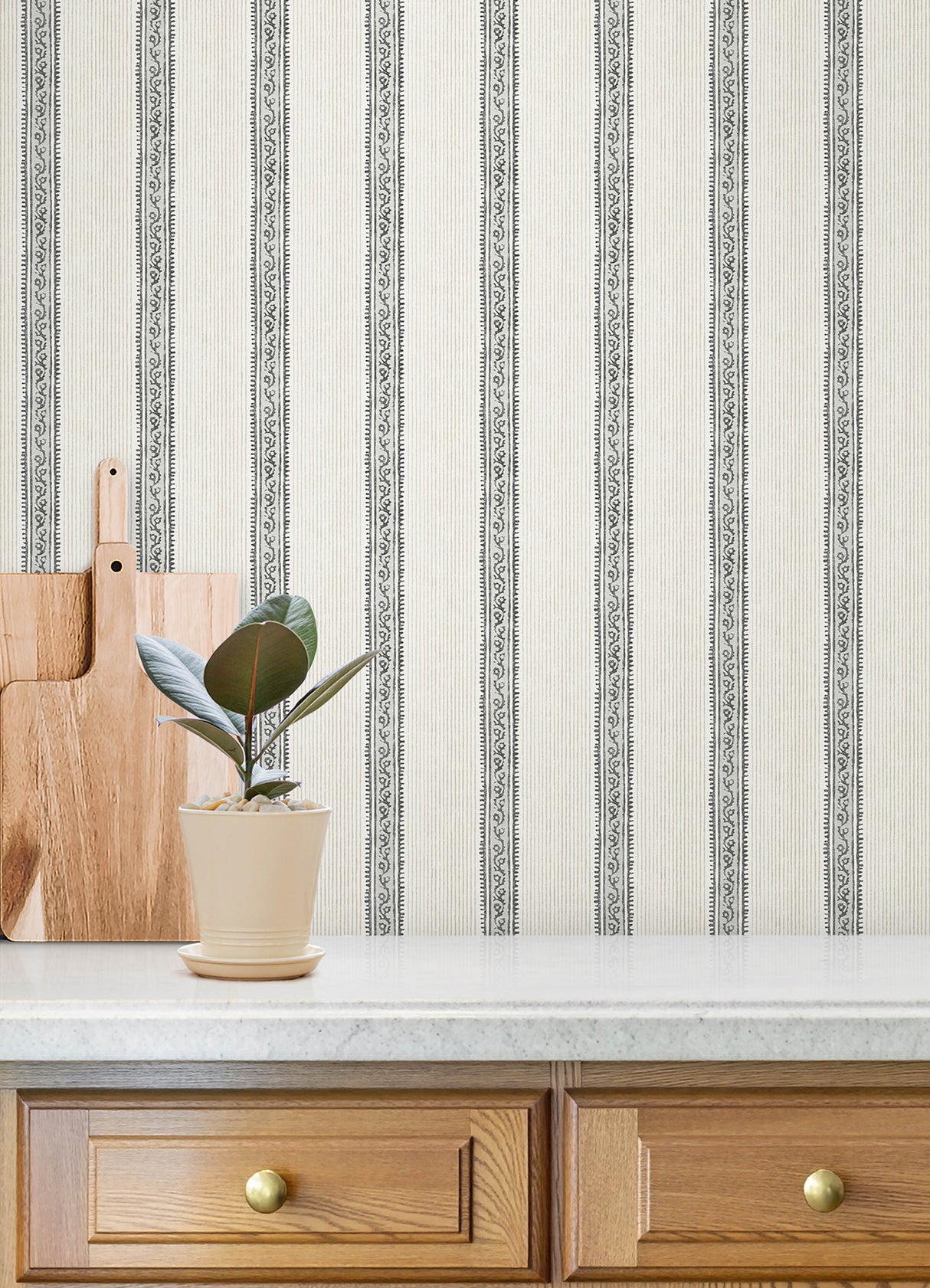 Mandevilla Black by Chesapeake Vine Stripe Transitional Unpasted Non-Woven Washable Wallpaper from the Plaid & Stripe Collection - 4192-27426