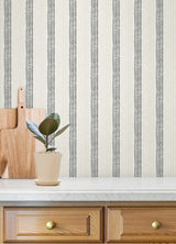 Mandevilla Black by Chesapeake Vine Stripe Transitional Unpasted Non-Woven Washable Wallpaper from the Plaid & Stripe Collection - 4192-27426
