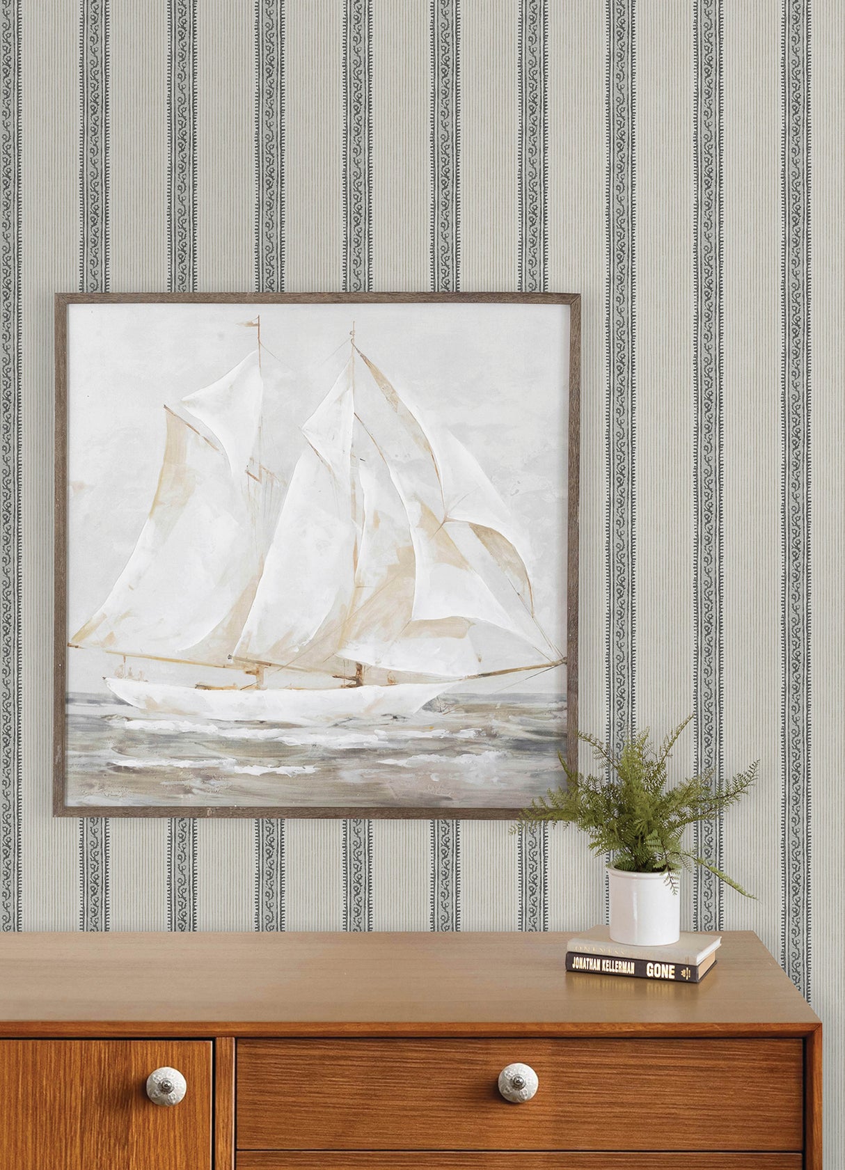 Mandevilla Black by Chesapeake Vine Stripe Transitional Unpasted Non-Woven Washable Wallpaper from the Plaid & Stripe Collection - 4192-27426