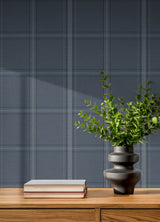 Auberge Dark Blue Windowpane Plaid by Chesapeake Farmhouse Textured Non Woven Unpasted Wallpaper Roll 20.5 In x 33 Ft - 4192-27605