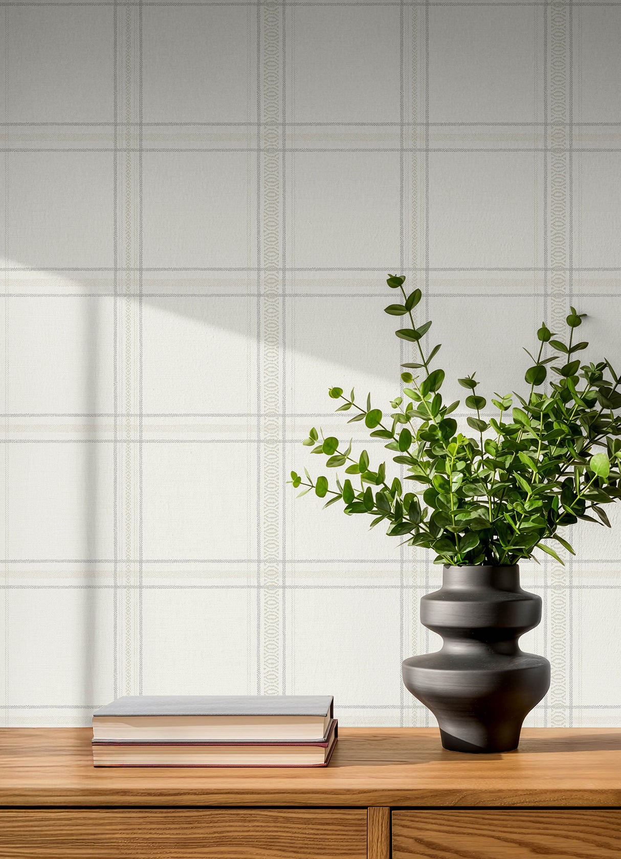 Auberge White Embellished Windowpane Plaid Farmhouse Textured Non Woven Washable Strippable Wallpaper by Chesapeake Plaid and Stripe - 4192-27606