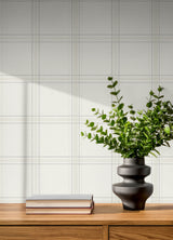 Auberge White Embellished Windowpane Plaid Farmhouse Textured Non Woven Washable Strippable Wallpaper by Chesapeake Plaid and Stripe - 4192-27606