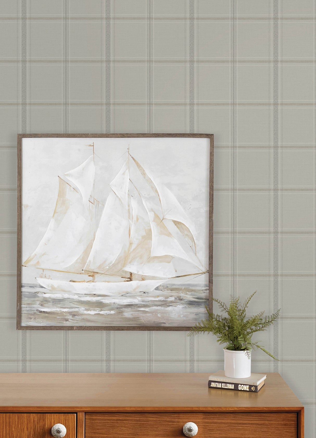 Auberge Taupe Embellished Windowpane Plaid Textured Non Woven Unpasted Washable Strippable Farmhouse Wallpaper by Chesapeake - 4192-27608