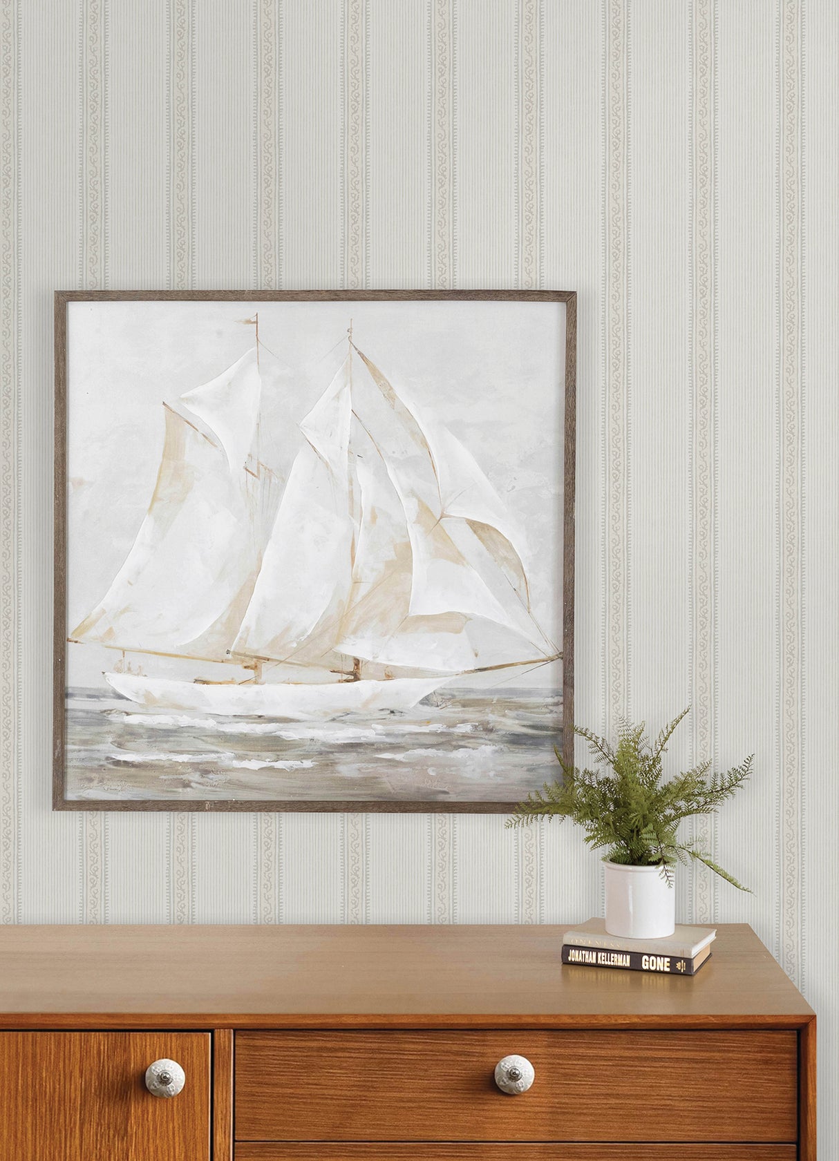 Mandevilla Beige by Chesapeake Transitional Vine Stripe Textured Non Woven Unpasted Wallpaper from the Plaid & Stripe Collection - 4192-27691