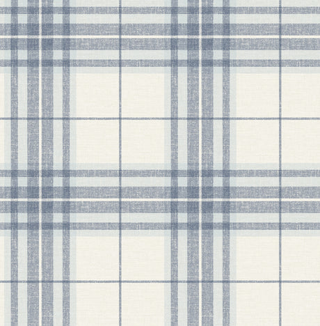 Cabin Check Blue Plaid Wallpaper by Chesapeake - Farmhouse Textured Non Woven Plaid Pattern in Blue and Cream