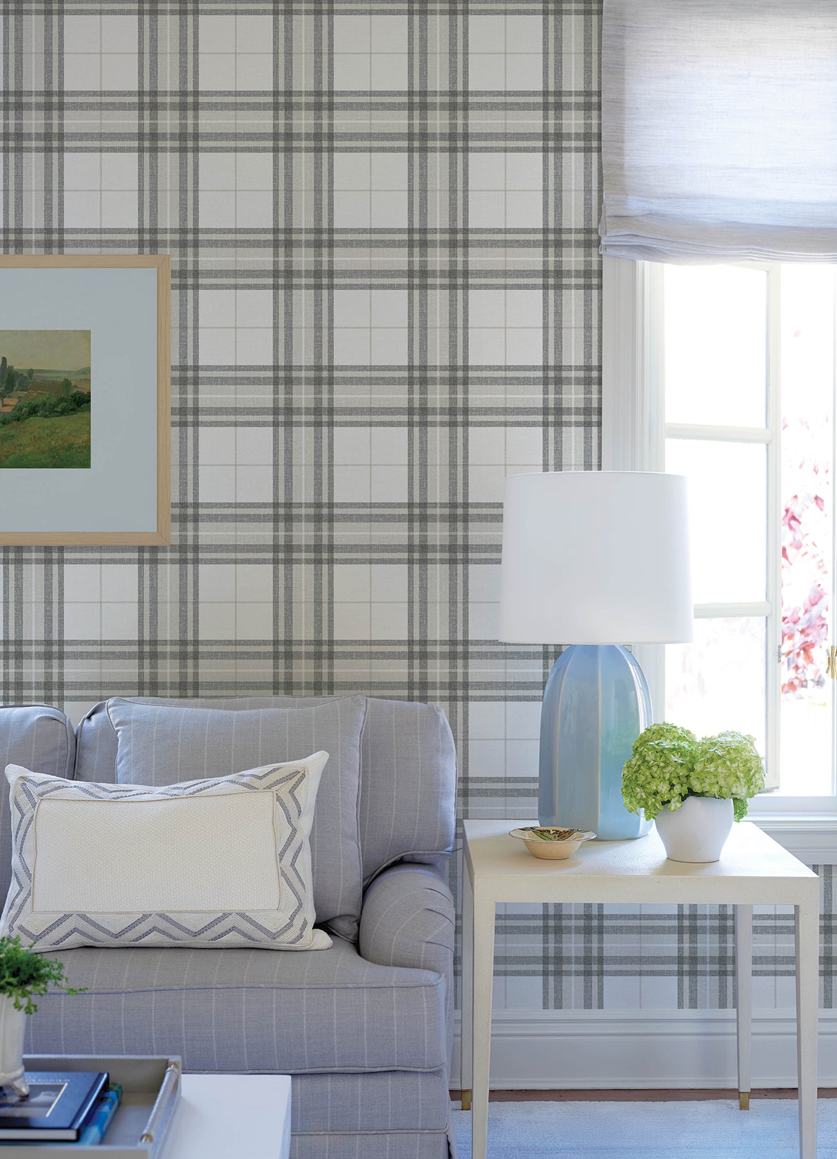 Cabin Check Charcoal Plaid Wallpaper by Chesapeake Farmhouse Textured Non Woven Unpasted Strippable Washable Great Britain Sidewall - 4192-27694
