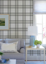 Cabin Check Charcoal Plaid Wallpaper by Chesapeake Farmhouse Textured Non Woven Unpasted Strippable Washable Great Britain Sidewall - 4192-27694