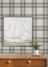 Cabin Check Charcoal Plaid Wallpaper by Chesapeake Farmhouse Textured Non Woven Unpasted Strippable Washable Great Britain Sidewall - 4192-27694