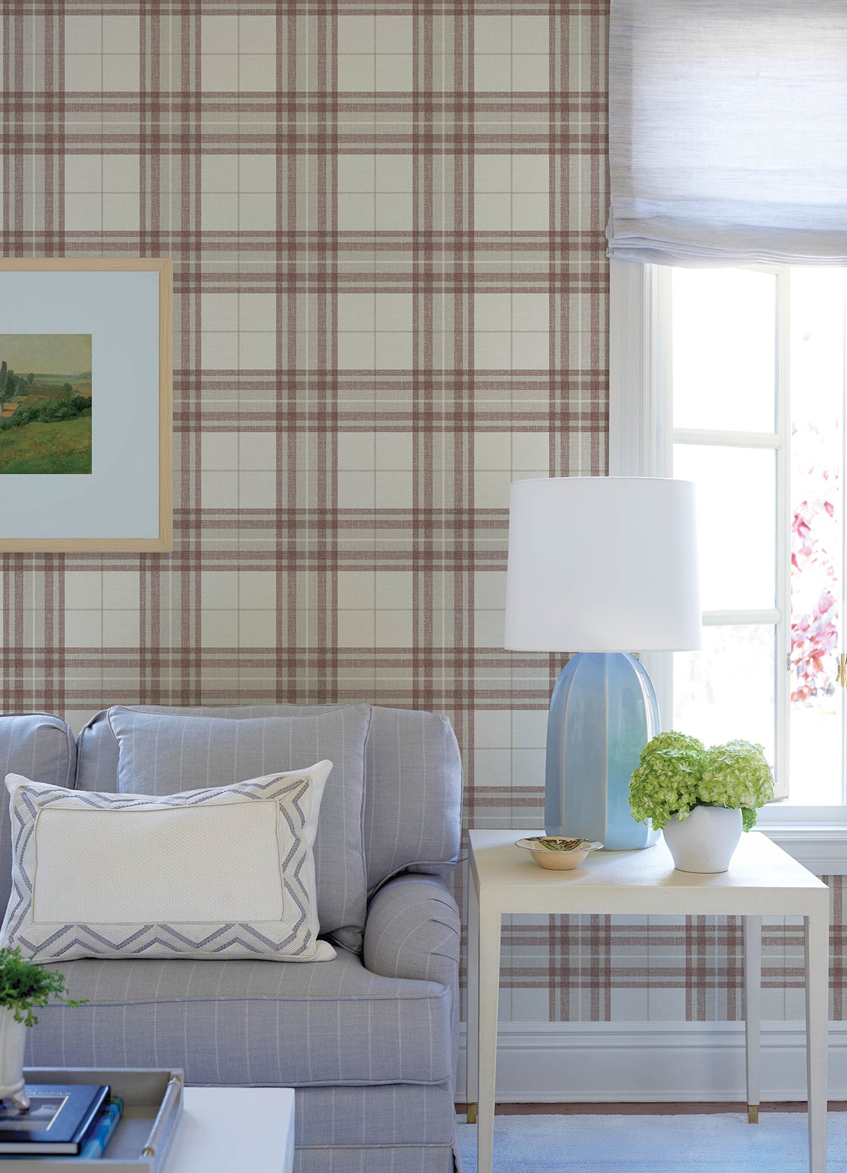 Cabin Check Rust by Chesapeake Plaid and Stripe Collection Farmhouse Textured Rust Red Plaid Non Woven Unpasted Wallpaper - 4192-27696