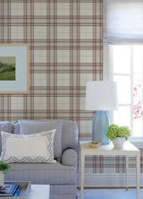 Cabin Check Rust by Chesapeake Plaid and Stripe Collection Farmhouse Textured Rust Red Plaid Non Woven Unpasted Wallpaper - 4192-27696