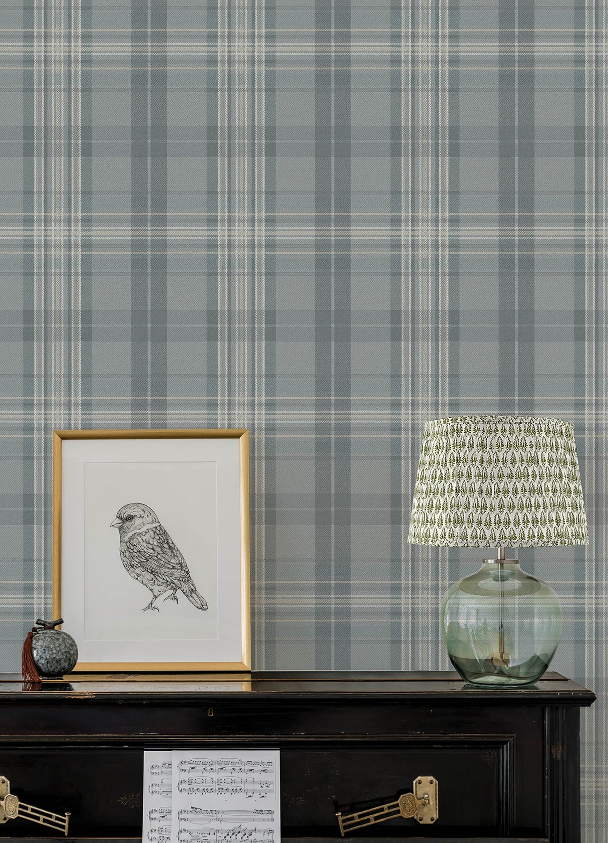 Austin Slate by Chesapeake Farmhouse Plaid and Stripe Collection Non Woven Hybrid Unpasted Washable Traditional Plaid Wallpaper - 4192-330214