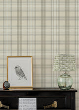 Austin Beige Plaid Wallpaper in Beige, Grey and White by Chesapeake Farmhouse Non Woven Hybrid Plaid & Stripe Collection - 4192-330216