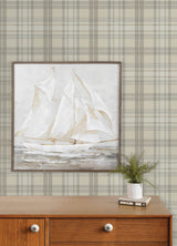 Austin Beige Plaid Wallpaper in Beige, Grey and White by Chesapeake Farmhouse Non Woven Hybrid Plaid & Stripe Collection - 4192-330216
