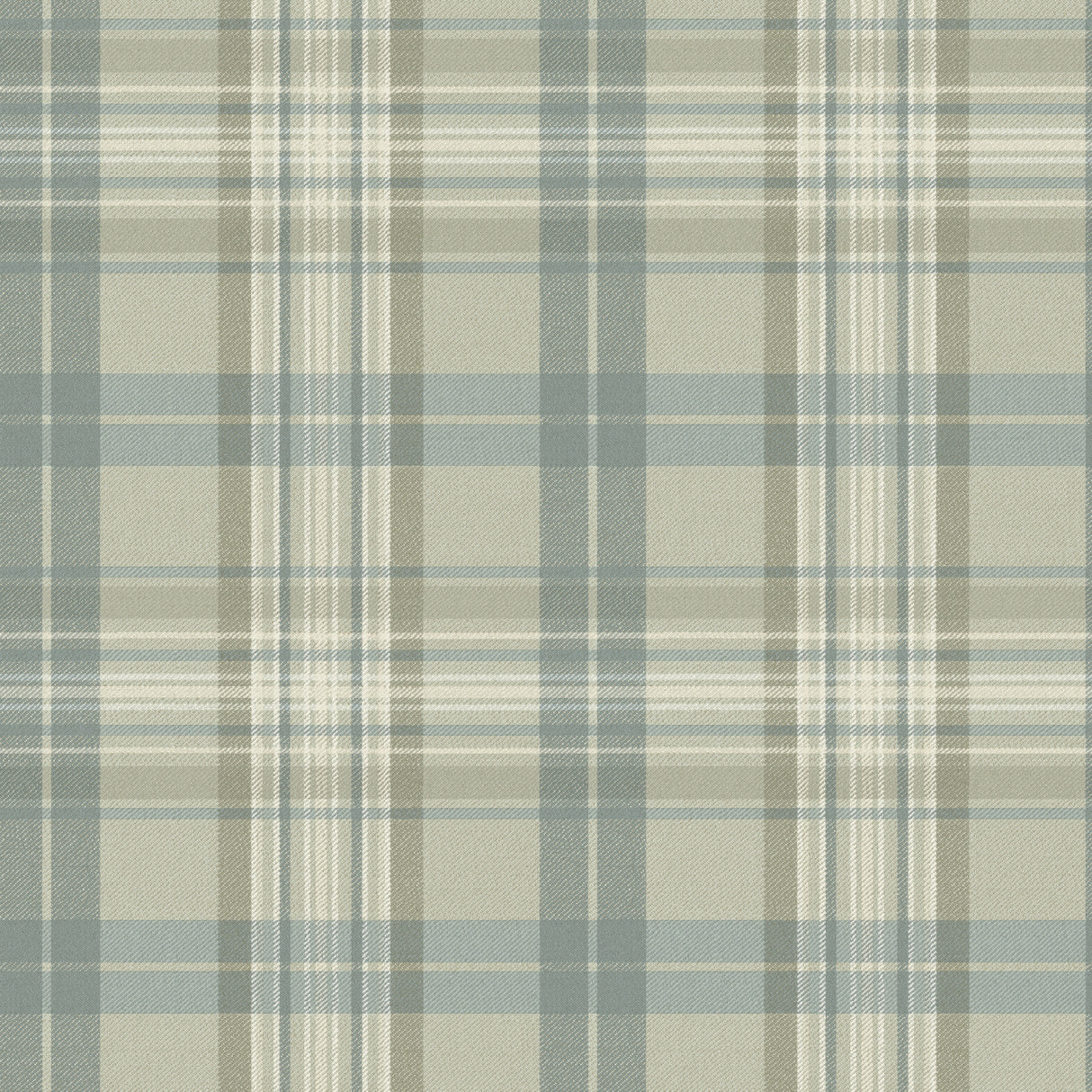 Austin Sage Plaid Wallpaper - close-up of sage, moss, teal, cream, and white plaid pattern with diagonal twill detailing by Chesapeake