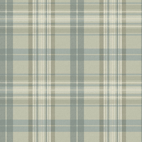 Austin Sage Plaid Wallpaper - close-up of sage, moss, teal, cream, and white plaid pattern with diagonal twill detailing by Chesapeake