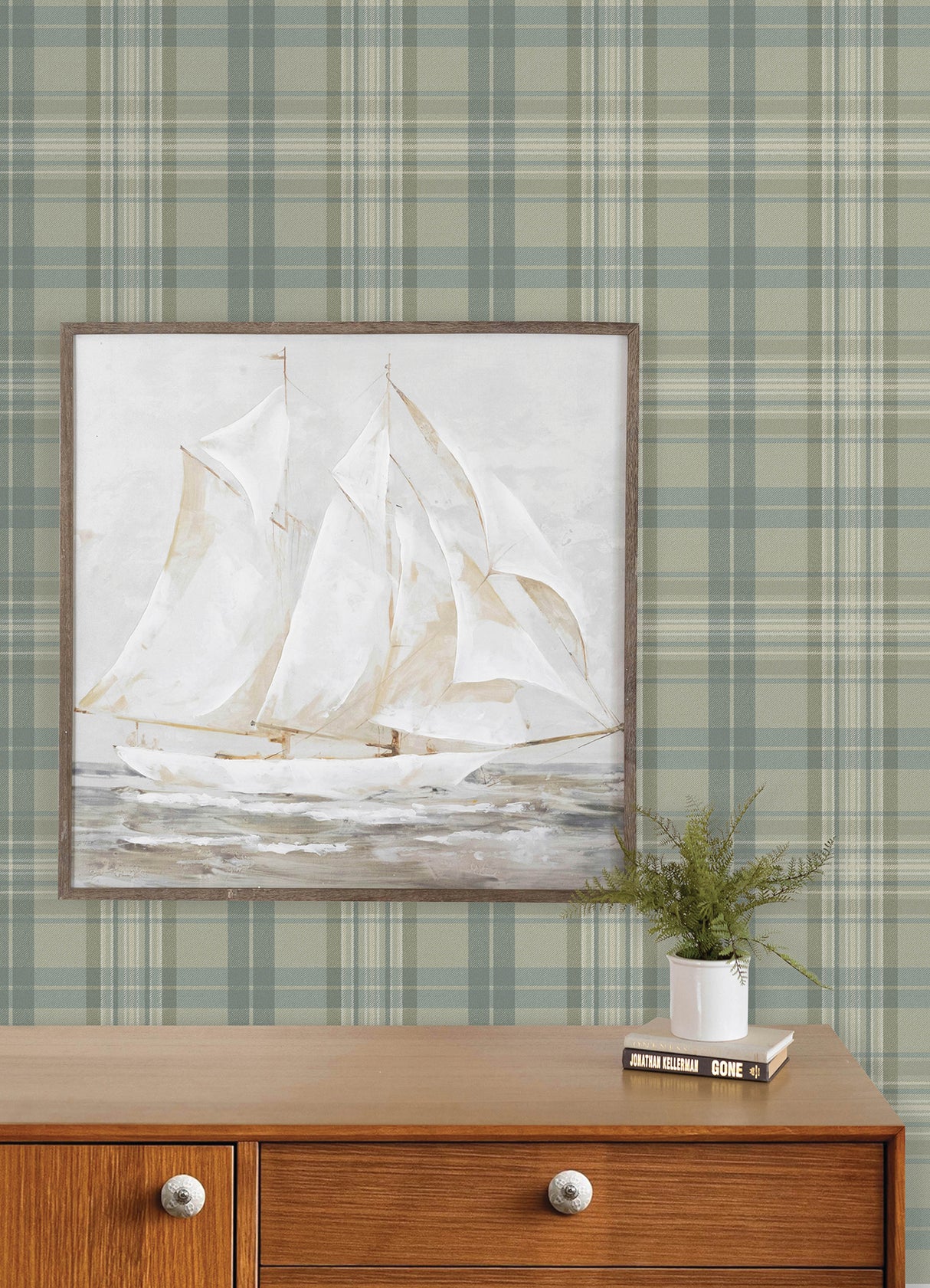 Austin Sage Plaid Wallpaper in Sage, Moss, and Teal by Chesapeake - 4192-330217