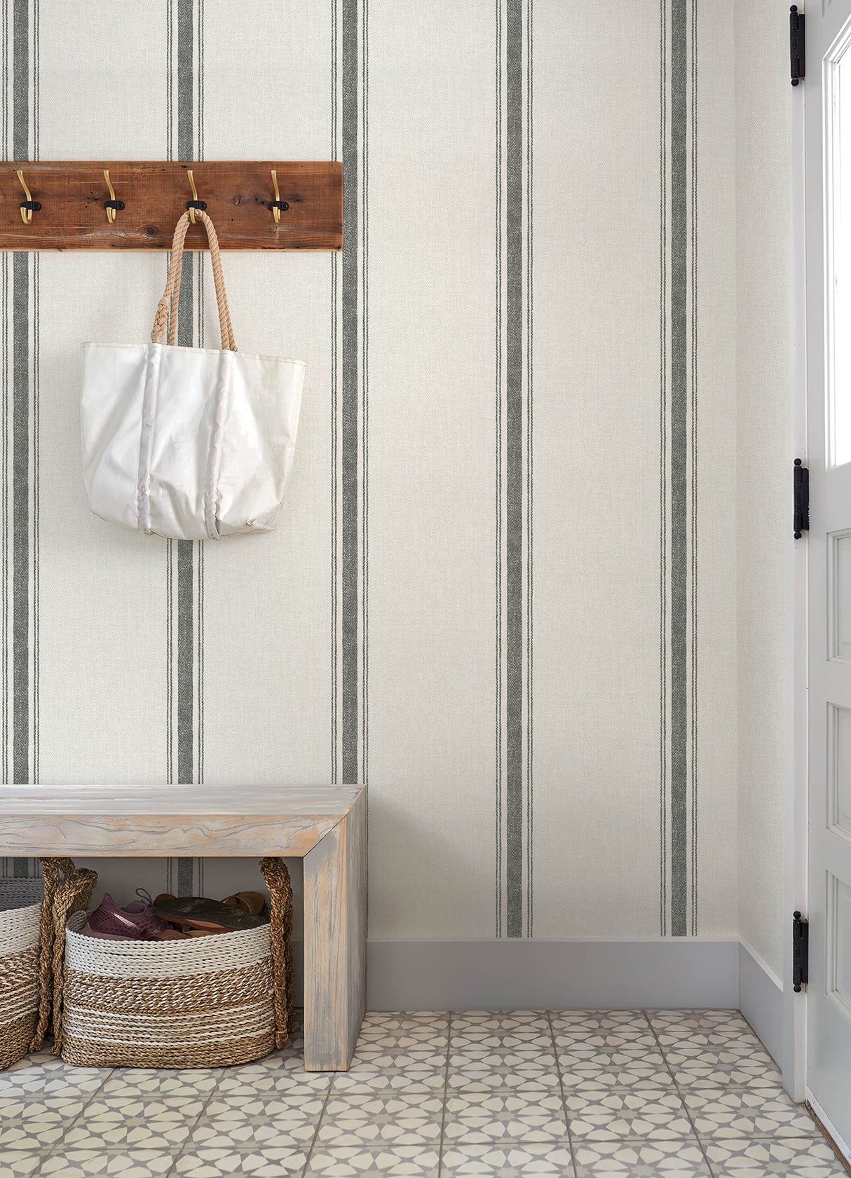Linette Black Fabric Stripe Wallpaper by Chesapeake - Prepasted Non Woven Hybrid Country Style Roll, 20.5-in x 33-ft - 4192-70066