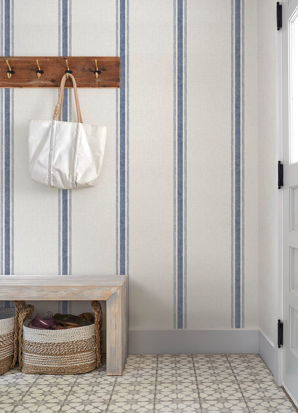 Linette Blue Fabric Stripe Wallpaper by Chesapeake Prepasted Washable Strippable Non Woven Hybrid Country Stripe Wallpaper - 4192-70067