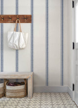 Linette Blue Fabric Stripe Wallpaper by Chesapeake Prepasted Washable Strippable Non Woven Hybrid Country Stripe Wallpaper - 4192-70067