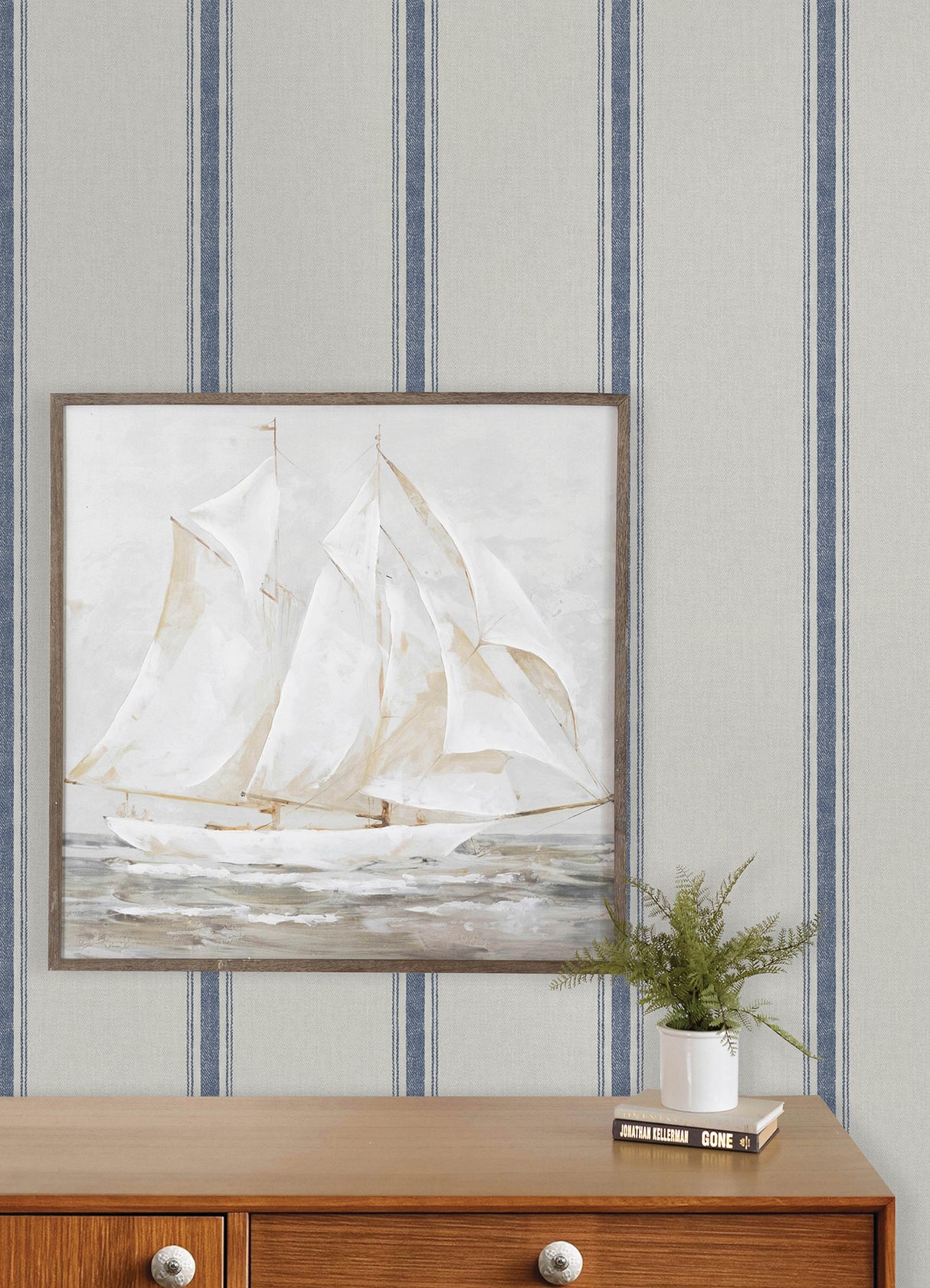 Linette Blue Fabric Stripe Wallpaper by Chesapeake Prepasted Washable Strippable Non Woven Hybrid Country Stripe Wallpaper - 4192-70067