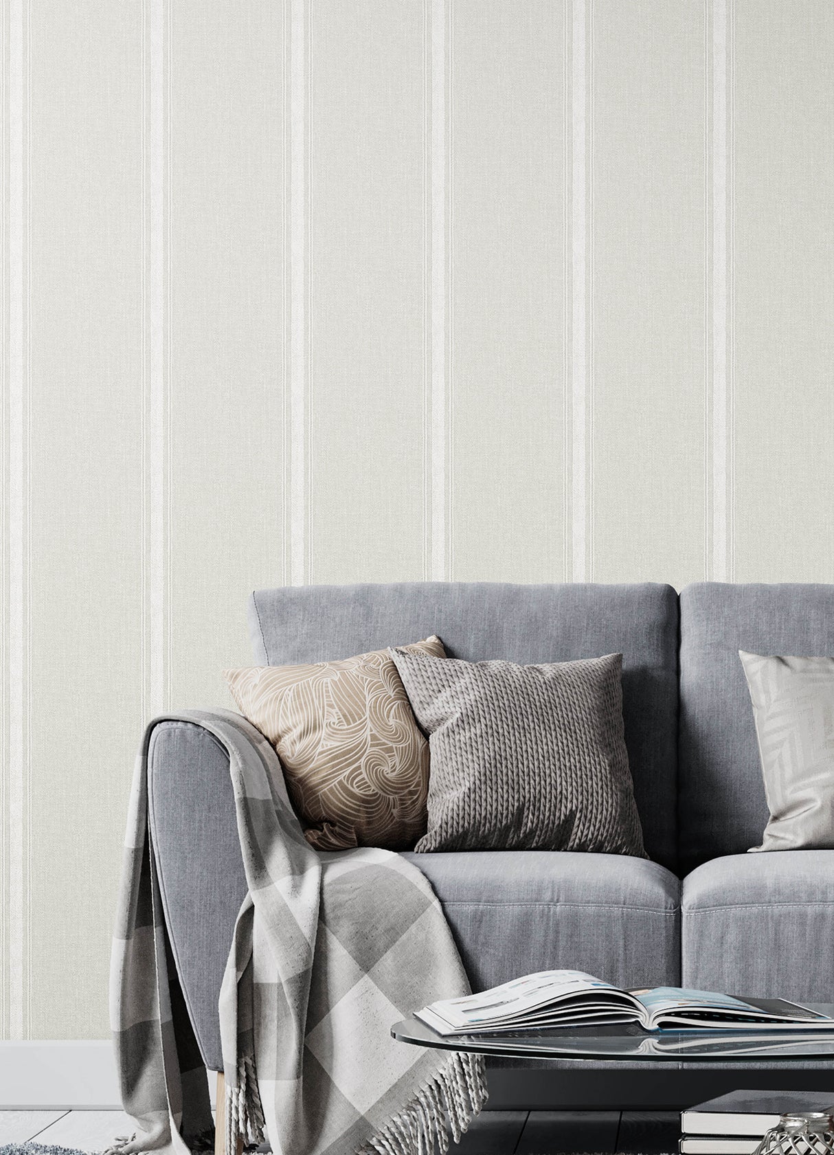 Linette Beige by Chesapeake Fabric Stripe Wallpaper Prepasted Easy Walls Non Woven Hybrid Washable Strippable Country Style - 4192-70070