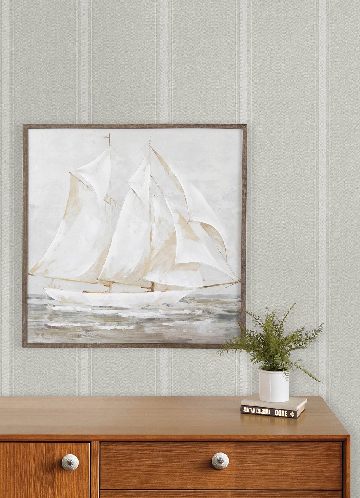 Linette Beige by Chesapeake Fabric Stripe Wallpaper Prepasted Easy Walls Non Woven Hybrid Washable Strippable Country Style - 4192-70070