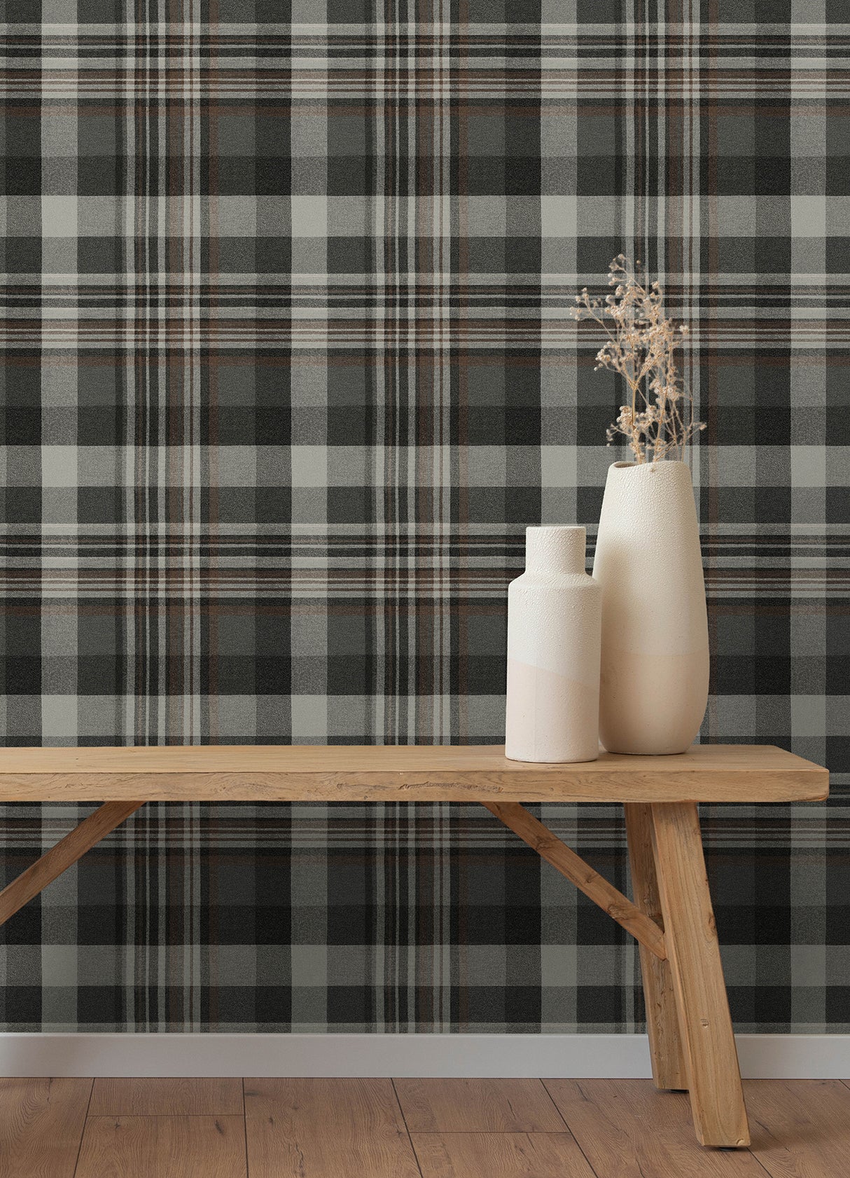 Dutton Plaid Charcoal Flannel by Chesapeake Prepasted Easy Walls Traditional Plaid Flannel Textured Washable Wallpaper - Chesapeake 4192-72632