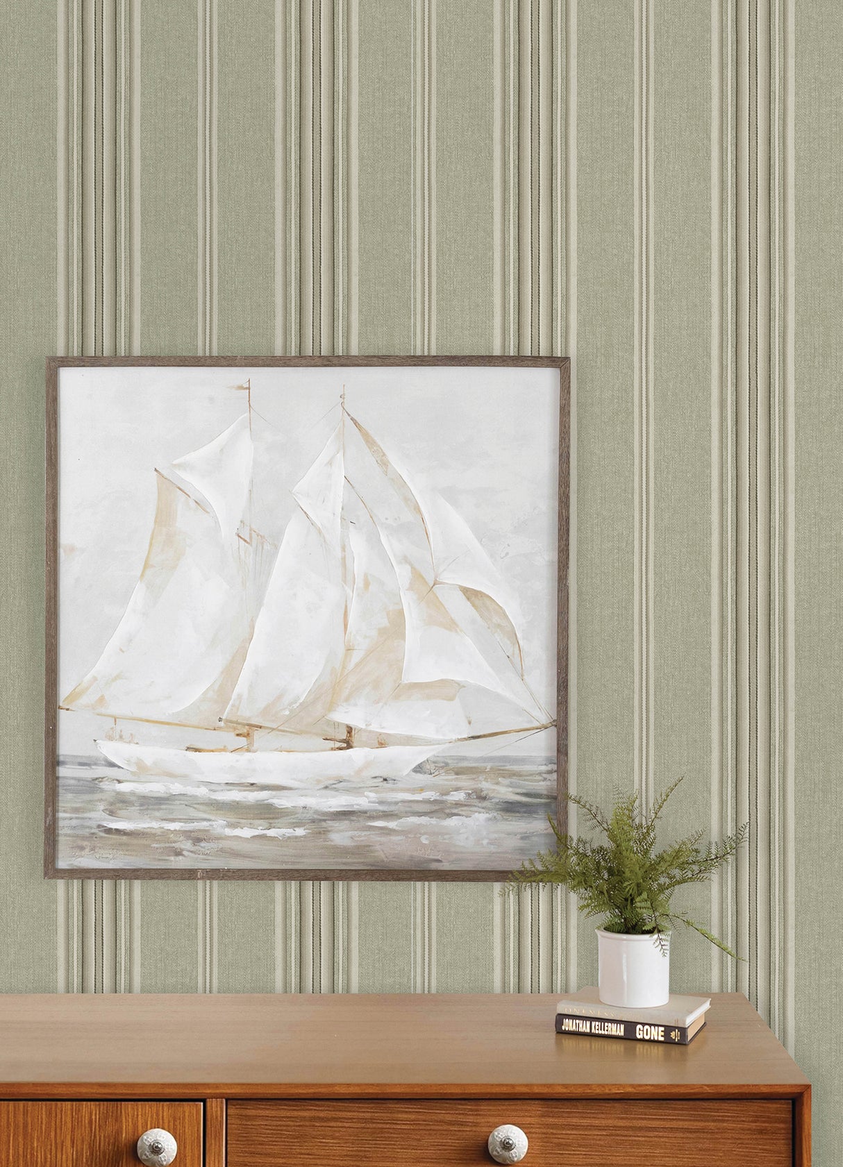 Calvados Moss Linen Stripe Wallpaper by Chesapeake Prepasted Easy Walls Farmhouse Stripe Pattern Plaid & Stripe Collection - 4192-83121